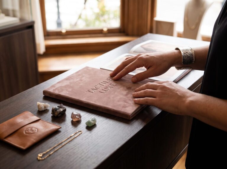 Hands touching an embossed suede catalog with gemstones and jewelry, illustrating tactile marketing