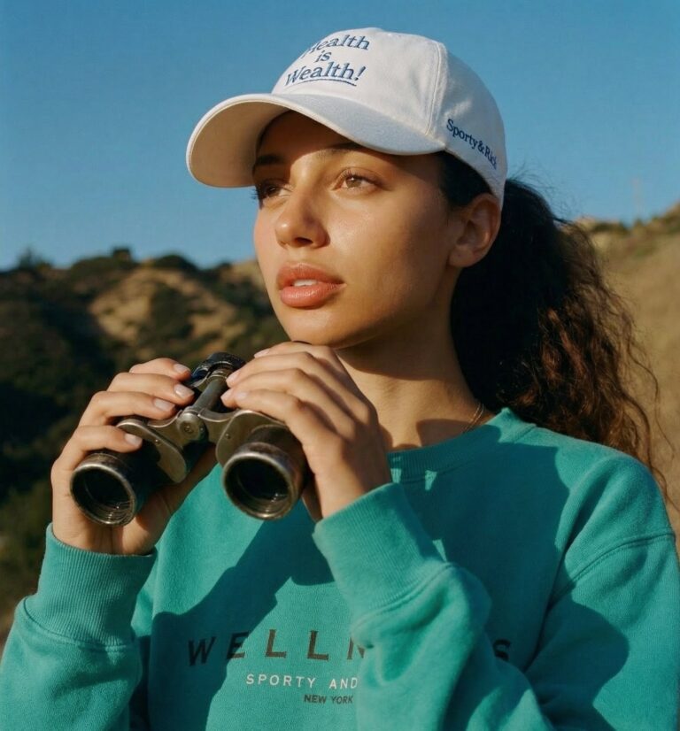 Model in teal sweatshirt and cap holding binoculars outdoors