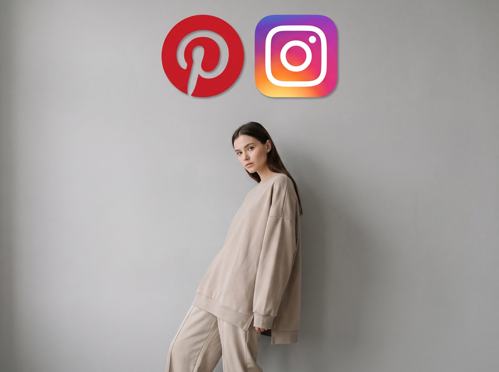 Pinterest and Instagram icons above a fashion model, comparing the two platforms