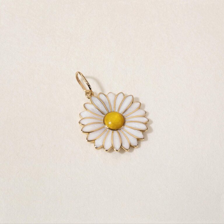 Gold daisy pendant charm with white and yellow enamel