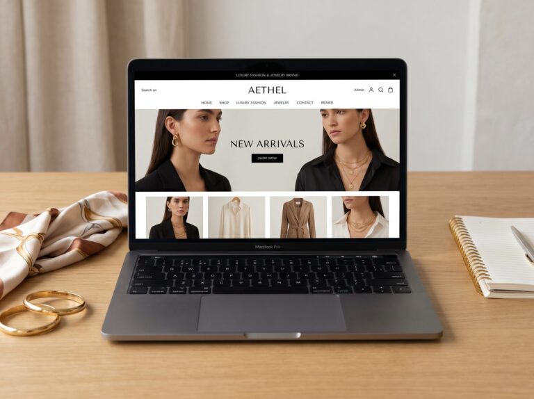 A fashion eCommerce storefront open on a laptop, illustrating online store platforms