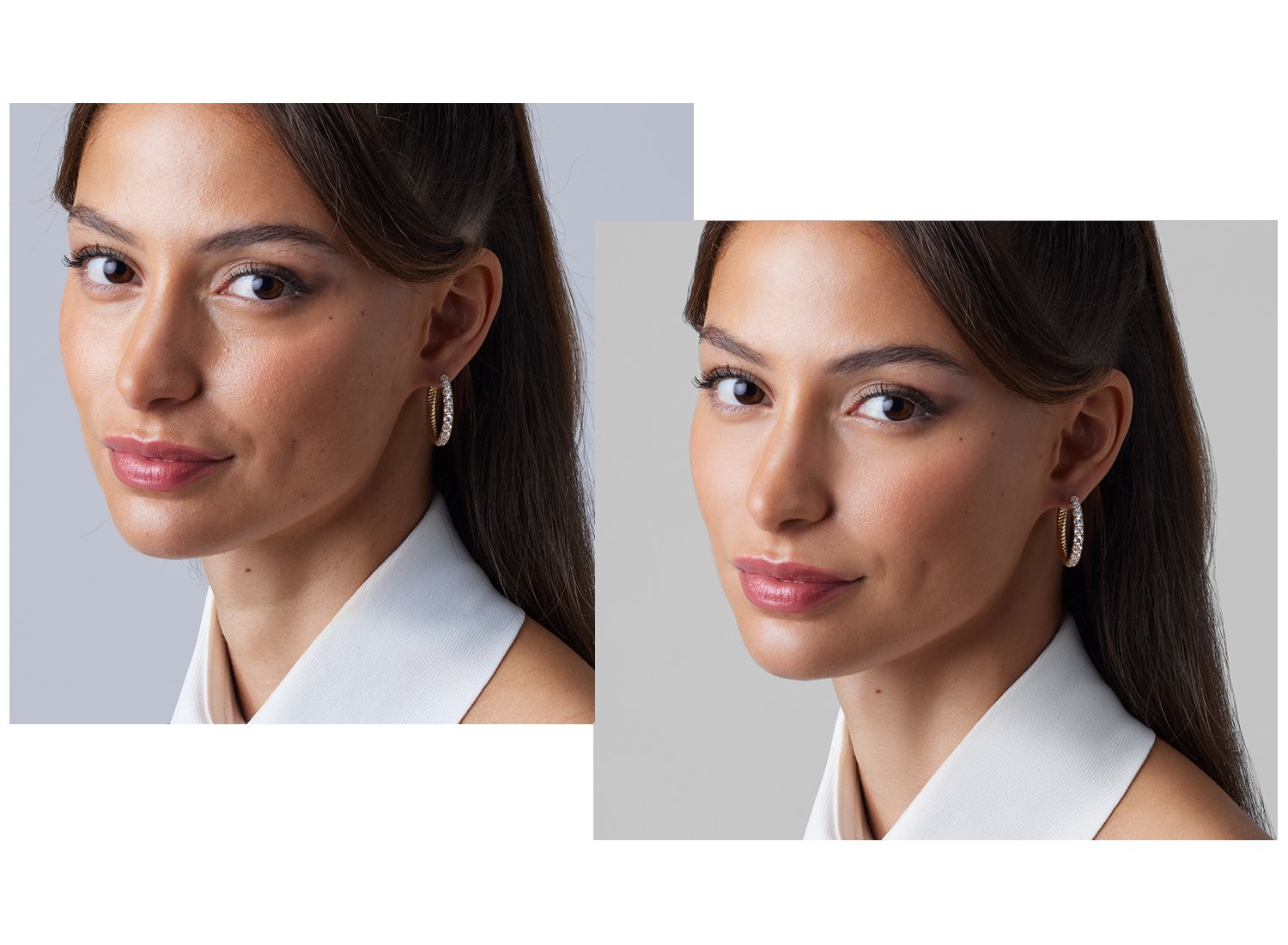Before and after ethical retouching of a portrait, skin evened while keeping natural texture