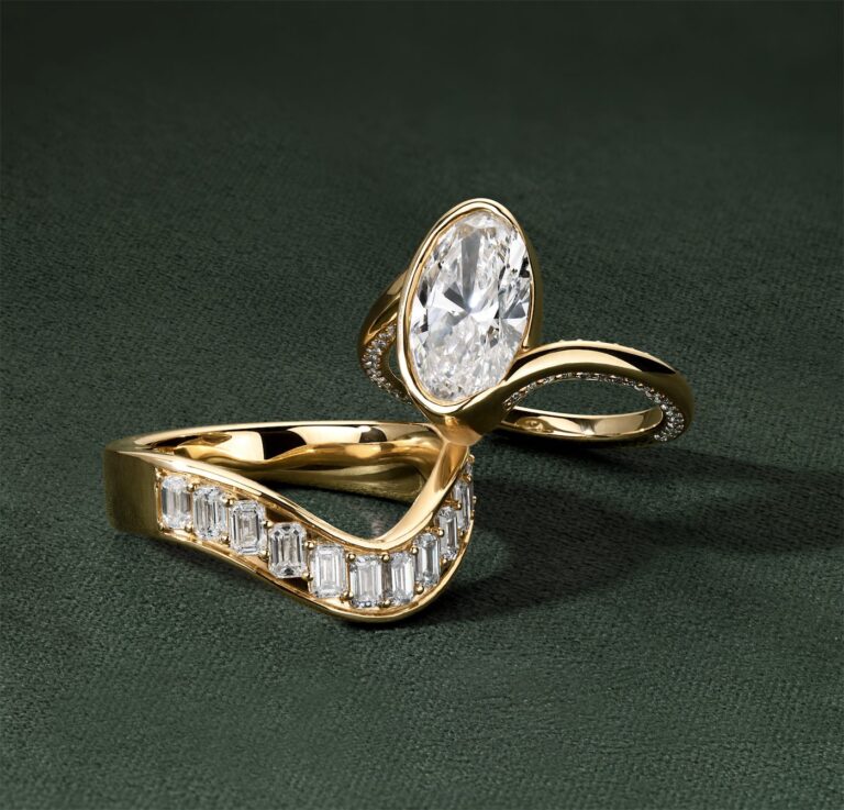 Macro product photo of gold diamond engagement rings on green velvet, by LenFlash Jewelry Photography