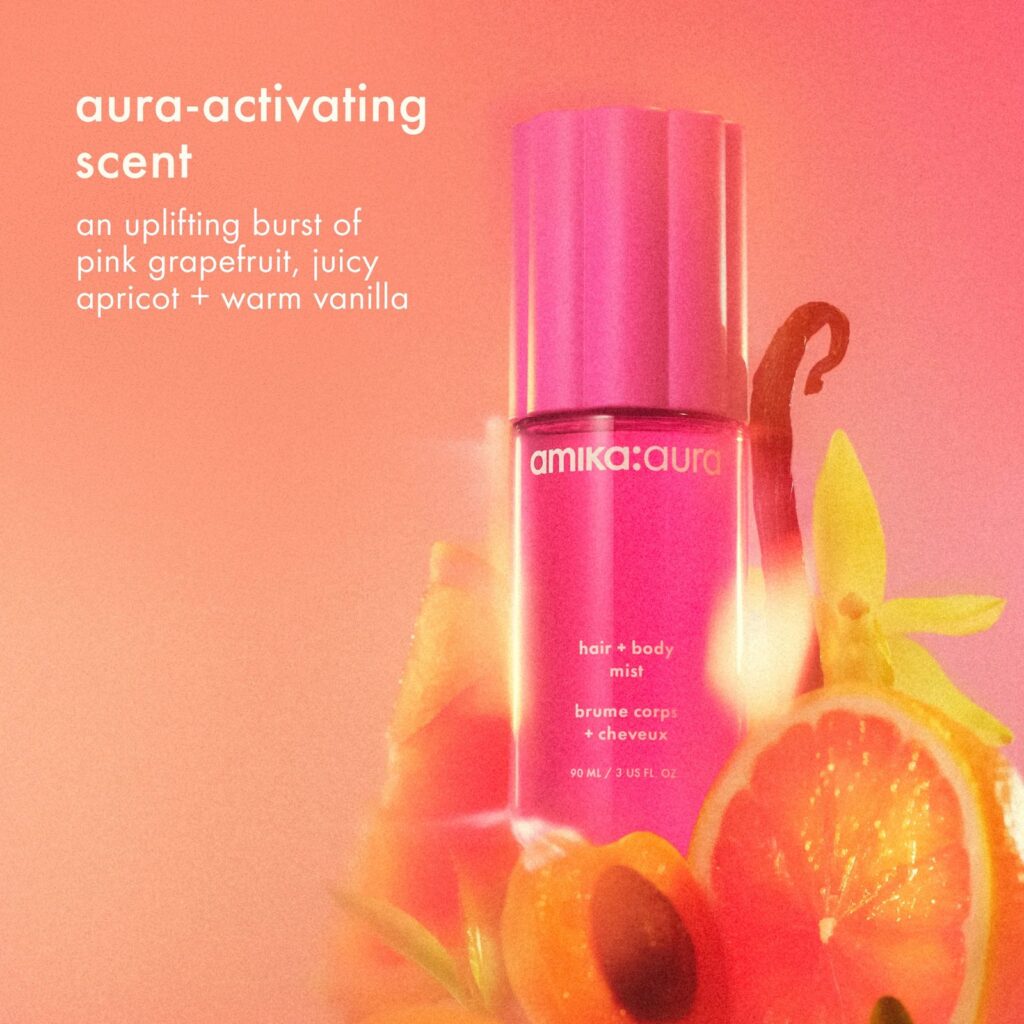 amika Aura Hair + Body Mist bottle with grapefruit, apricot and vanilla