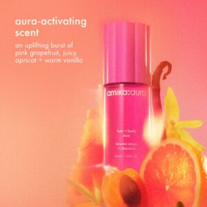 amika Aura Hair + Body Mist bottle with grapefruit, apricot and vanilla
