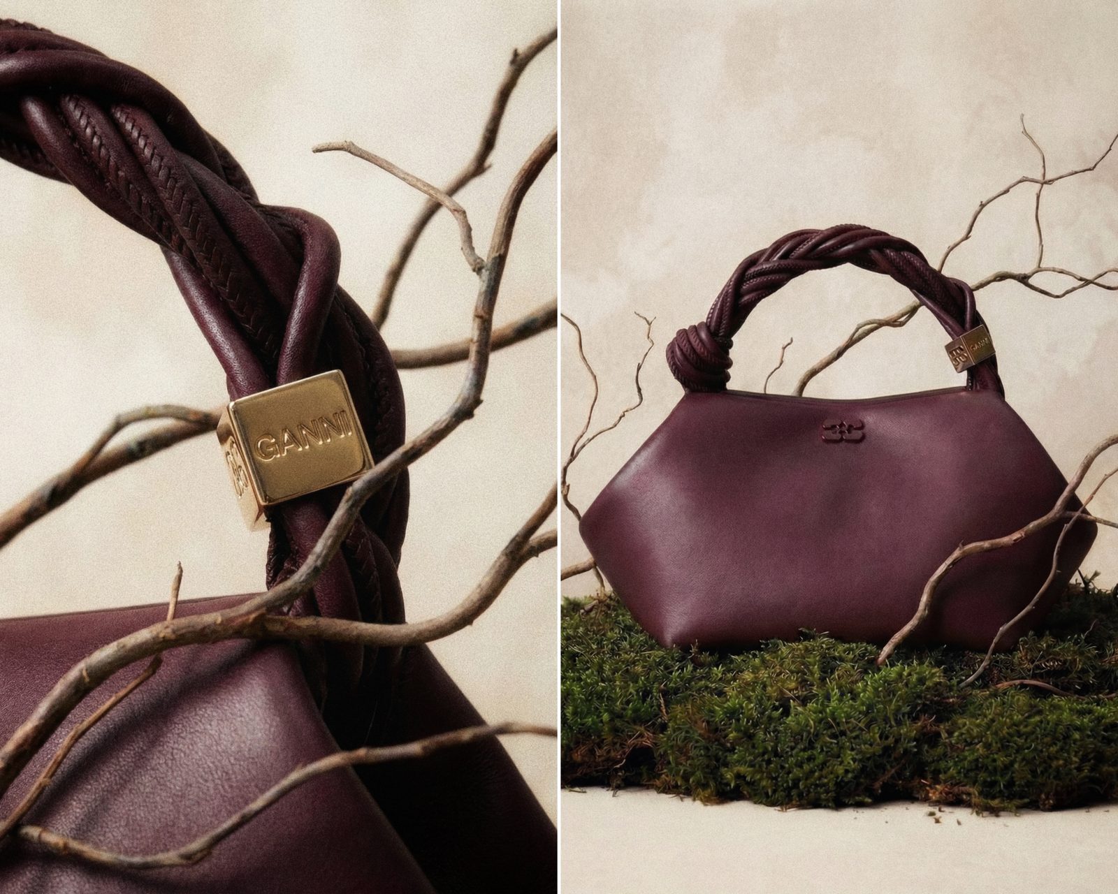 Burgundy leather handbag with a braided handle styled with bare branches and moss