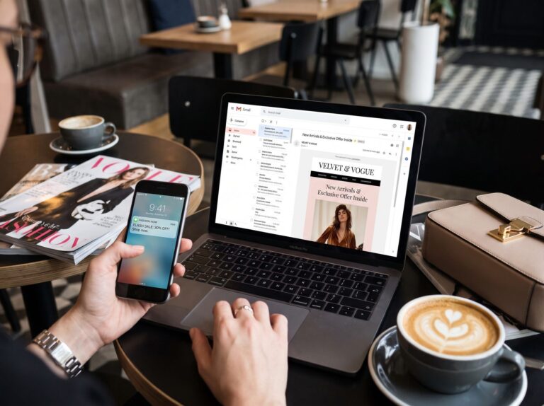 A fashion brand marketing email open on a laptop and an SMS notification on a phone at a cafe table
