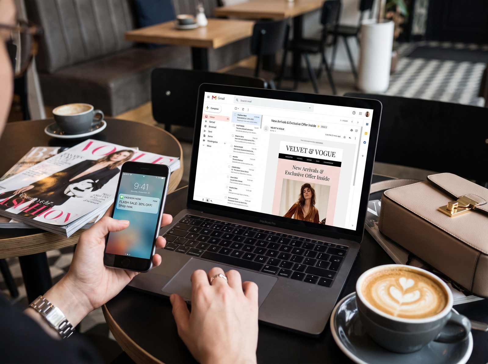 A fashion brand marketing email open on a laptop and an SMS notification on a phone at a cafe table