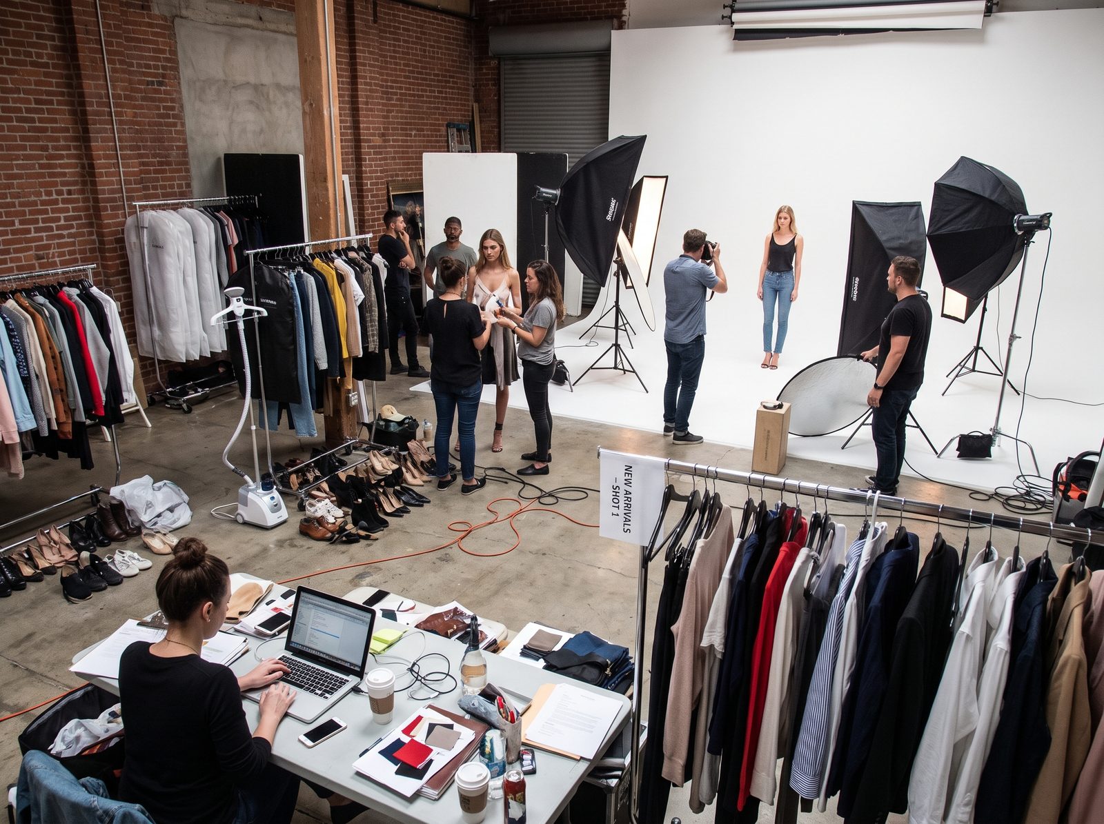 Fashion campaign photo shoot in a studio with racks of clothing, lighting, model on cyclorama, and a retoucher at a laptop