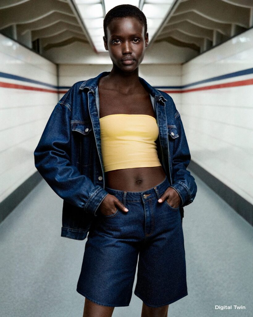 H&M AI digital twin model in denim jacket and shorts