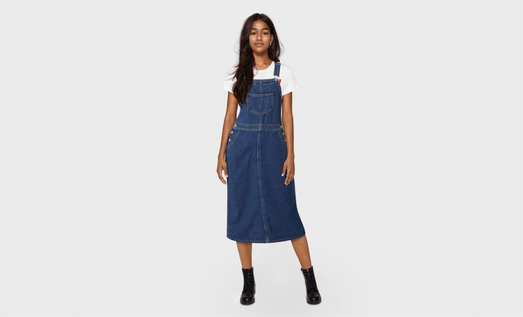 Levi's AI-generated model wearing a denim overall dress, created with Lalaland.ai