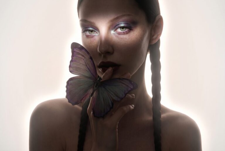 AI-generated editorial beauty portrait: a model with iridescent eyeshadow holding a butterfly, illustrating AI cosmetic product photography
